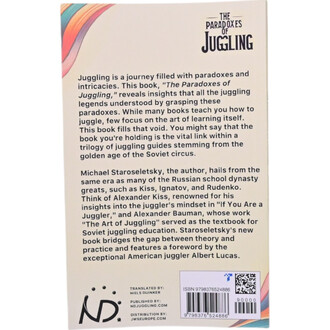 Texte au dos du livre The Paradoxes of Juggling, présentant une description du contenu et de l'auteur, comprenant des informations sur l'héritage de la jonglerie soviétique et les contributions de Michael Staroseletski. Illustrations colorées en haut du l