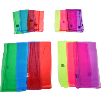 Lot de 3 foulards de jonglerie colorés, comprenant des foulards verts, bleus, rouges, jaunes, roses et violets, disposés de manière variée sur un fond blanc.