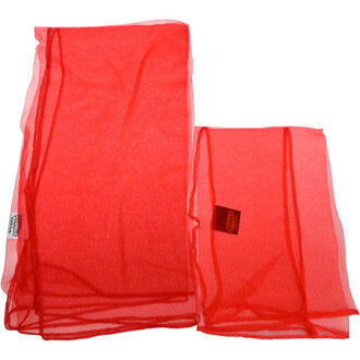 Foulards de jonglerie de couleur rouge, montrant un lot de trois pièces de tissu léger et transparent. Deux foulards sont pliés et superposés, l’un étant plus grand que l’autre. Les foulards sont en tissu délicat, parfaits pour des performances de jonglag