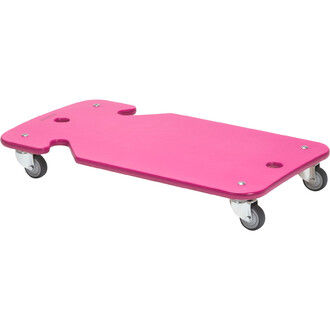 Planche de jonglerie rose à roulettes, avec une forme ergonomique et des bords arrondis pour un confort de manipulation. Elle est équipée de quatre roulettes pour faciliter les déplacements.