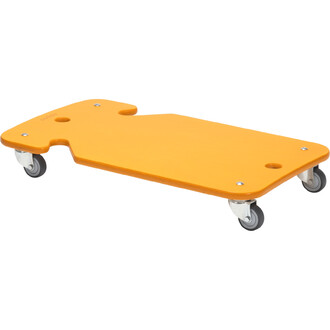 Plateau de jonglerie en plastique orange avec des roues, conçu pour faciliter le transport et le maniement des objets, présente des trous pour lier des cordes ou des accessoires.