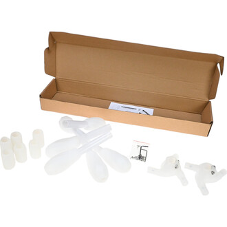 Kit de Lumi LED Dragon Heads de Threeworlds comprenant des têtes de dragon lumineuses en plastique blanc translucide, des tubes de fixation, des accessoires de montage et une notice d'instructions, le tout présenté dans une boîte cartonnée ouverte.