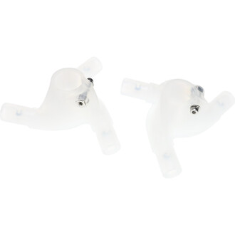 Deux têtes de dragon en matière plastique transparent pour lumières LED, présentées en position inclinée. Chaque tête comporte plusieurs canules pour la fixation et l'éclairage, avec une finition lisse et des détails sur la structure.