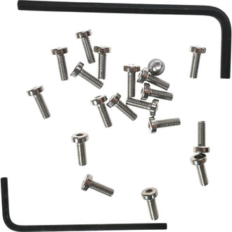 Mécanisme de fixation comprenant plusieurs vis en métal et hexagones, avec une clé Allen noire positionnée sur le côté inférieur gauche. Les vis sont de différentes tailles et en bonne état, prêtes à être utilisées pour assembler ou réparer le produit.