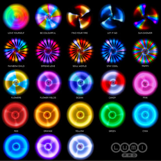 Image présentant les motifs lumineux des têtes de dragon Lumi LED de Threeworlds, avec un fond noir. Les motifs colorés sont étiquetés avec des noms tels que LOVE YOURSELF, BE COLOURFUL, FIND YOUR FIRE, RAINBOW CHILD, FLOWERS, et d'autres, affichant des d