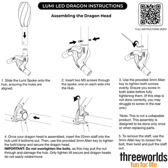 Instructions pour assembler la tête de dragon Lumi LED. Comprend des étapes numérotées avec des illustrations montrant le processus d'assemblage, incluant le montage du spoke, l'insertion de vis, et l'utilisation d'une clé Allen pour serrer les éléments.