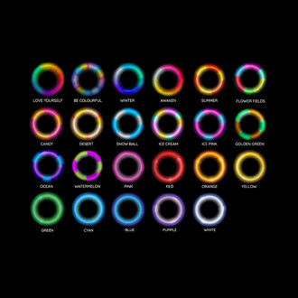 Palette de lumières LED représentant différents motifs colorés, avec des cercles lumineux identifiés par des noms tels que LOVE YOURSELF, WINTER, SUMMER, et YELLOW. Les cercles sont placés sur un fond noir, créant un contraste vibrant.