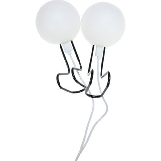 Deux boules lumineuses à LED, de couleur blanche, fixées à des supports en métal noir et blanc, reliées par des câbles, présentées en vue de face.