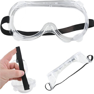 Lunettes de protection transparentes avec cadre en plastique et sangle élastique noire ajustable (vues de face et de profil).