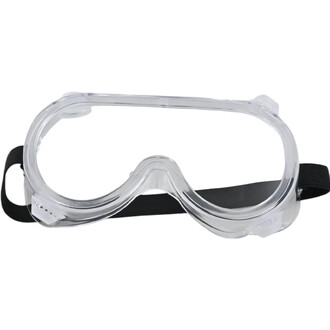Lunettes de protection transparentes avec cadre en plastique et bande élastique noire réglable.