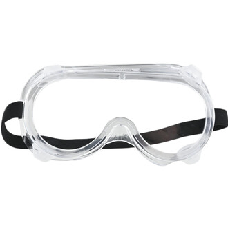 Lunettes de protection transparentes avec cadre en plastique et sangle élastique noire.