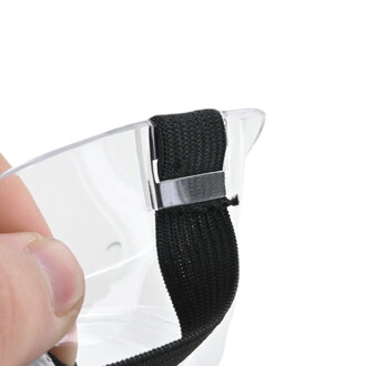 Lunettes de protection transparentes avec bande élastique noire et attache métallique argentée sur le côté.