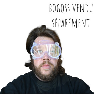 Lunettes de protection transparentes avec monture violette portées par un homme à barbe sur fond blanc.