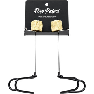 Paire de Mains de Feu Threeworlds Fire Palms avec têtes en kevlar tressé fixées sur support métallique noir, présentées sur carte noire avec texte blanc Fire Palms.