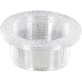 Manchon Prism en aluminium argenté, gros plan sur l’ouverture circulaire et les parois intérieures à texture rayée par l’usinage.