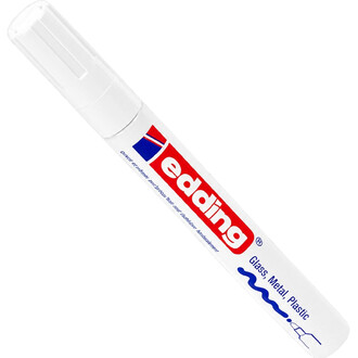 Marqueur blanc Edding pour ballons, capuchon blanc et corps blanc avec logo rouge et bleu sur l’étiquette, vue oblique.