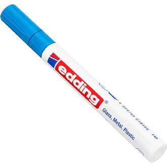 Marqueur Edding pour ballons, capuchon bleu et corps blanc affichant le logo rouge « edding ».