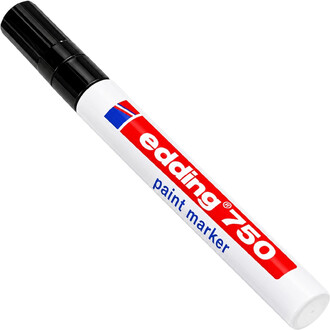 Marqueur Edding pour ballons, corps blanc avec bouchon noir et étiquette rouge et bleu partiellement visible.