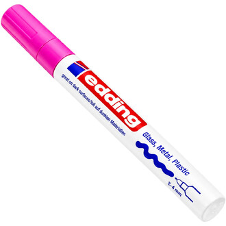 Marqueur Edding pour ballons avec cap rose, corps blanc affichant le logo rouge Edding et les indications « great on dark surfaces » et « 2–4 mm ».