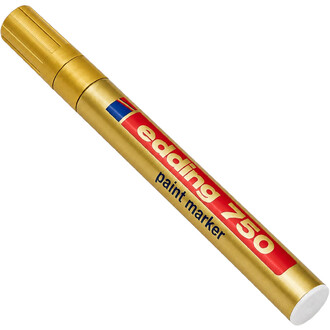 Marqueur doré Edding pour ballons, cap blanc, corps avec étiquette rouge « edding » et petit drapeau bleu, posé en diagonale sur fond blanc.