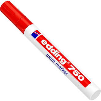 Marqueur Edding rouge à cap rouge, gros plan montrant le corps blanc avec l’étiquette rouge et le logo Edding.