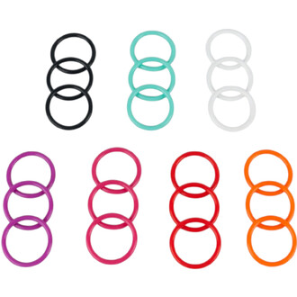 Anneaux en silicone colorés F-Grip, affichés par couleur sur fond blanc (noir, turquoise, blanc, violet, fuchsia, rouge et orange).