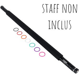 Marqueurs F-Grip en silicone : bâton noir diagonal avec des anneaux en silicone colorés disposés autour; texte « STAFF NON INCLUS » en fond blanc.