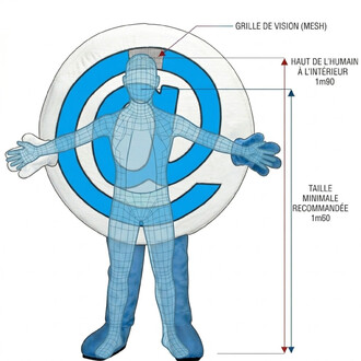 Illustration technique de la mascotte Arobase : silhouette humaine en maillage bleu devant une cible concentrique bleue et blanche, montrant la grille de vision et les indications de hauteur 1,90 m et taille minimale 1,60 m.