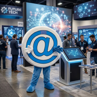 Mascotte géante en forme du symbole @ bleu et blanc, avec gants blancs et pieds bleus, debout près d’un stand avec écran tactile lors d’une exposition technologique.