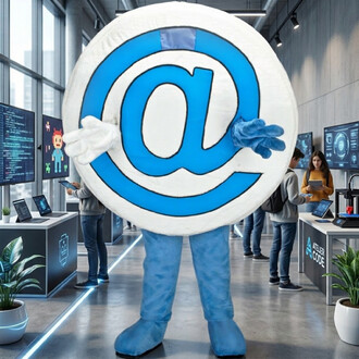 Mascotte géante en forme d'arobase bleue sur fond blanc, avec gants et pieds bleus, dans un showroom informatique entouré d’écrans et de visiteurs.