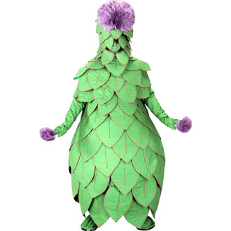 Mascotte Artichaut verte avec des feuilles superposées à bordures dorées, pompons violets aux poignets et sur le sommet de la tête.