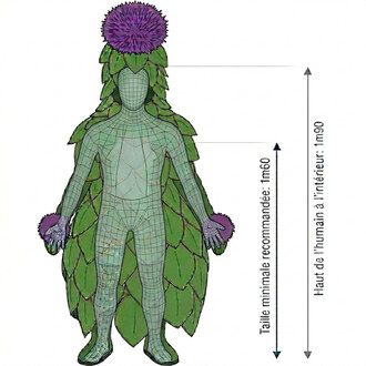 Mascotte Artichaut en costume vert fait de feuilles d’artichaut avec tête et pompons violets, gants violets; hauteur intérieure environ 1,90 m et taille minimale recommandée 1,60 m.