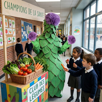 Mascotte géante en costume artichaut vert avec des feuilles superposées et un pompon violet sur la tête, interagissant avec des enfants en uniforme près d’un stand de légumes à l’école.