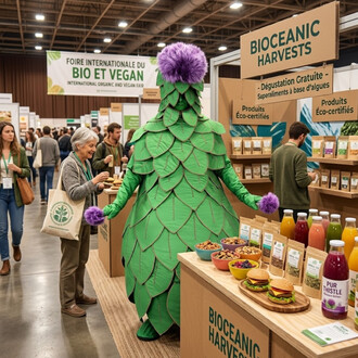 Mascotte artichaut géant verte avec tête violette, costume en feuilles d’artichaut, près d’un stand Bioceanic Harvests à une foire bio et vegan.