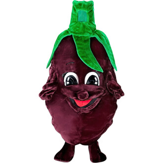 Costume de mascotte en forme d'aubergine avec un visage souriant, de grands yeux noirs et une bouche rouge. Le costume est de couleur pourpre avec des feuilles vertes en haut. Les bras sont souriants, ajoutant une touche amicale.