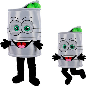 Mascotte Conserve – mascotte en forme de conserve argentée avec visage cartoon, grands yeux verts et sourire, bras et jambes noirs; ouverture sur le dessus avec des éléments verts visibles, présentée en grande et petite taille.