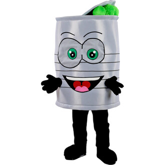 Mascotte en forme de conserve argentée avec visage cartoon : grands yeux verts, sourire large avec langue rose, bras et jambes noirs; haut avec contenu vert.