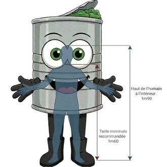 Mascotte Conserve anthropomorphe en forme de boîte métallique avec visage cartoon et grands yeux verts; bras et jambes humanoïdes (gants noirs et bottes noires); image montrant l’humain à l’intérieur avec les mesures 1m90 (hauteur intérieure) et 1m60 (tai