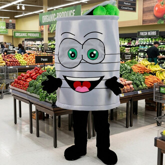 Mascotte en forme de conserve argentée avec visage cartoon, grands yeux verts, sourire avec langue rose, bras et gants noirs, pieds noirs, debout dans le rayon fruits et légumes d’un supermarché.