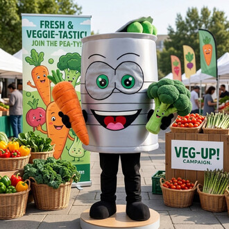 Mascotte en forme de conserve géante argentée avec visage cartoon, tenant une carotte et un brocoli, debout sur une plateforme dans un marché de légumes en plein air.