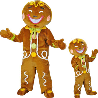 Deux mascottes en bonhomme pain d’épices en peluche, version grande et version petite, vêtues d’un costume brun décoré de coutures blanches, boutons jaunes et verts, nœud papillon vert et lignes blanches sur le torse et les jambes, visage souriant avec jo