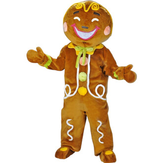 Mascotte en peluche Bonhomme pain d’épices brun, grand sourire avec joues roses et yeux fermés, curls jaunes sur le sommet de la tête, costume décoré de glaçage blanc, nœud papillon jaune et ruban vert, pompons colorés et motifs de glaçage sur les bras et