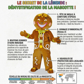 Mascotte peluche en forme de bonhomme pain d’épice brun, visage souriant, décorations de glaçage blanc sur le torse et les bras, boutons-pompons colorés et nœud vert-jaune autour du cou.