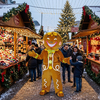 Mascotte Bonhomme Pain d'épices en costume orange-brun avec glaçage blanc et nœud vert, au centre d’un marché de Noël éclairé par des guirlandes lumineuses.