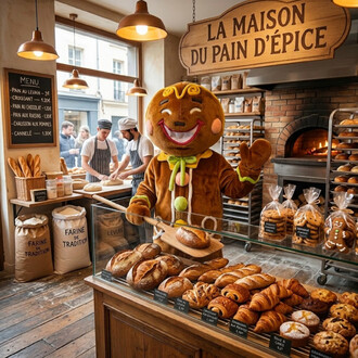 Mascotte Bonhomme pain d'épice dans une boulangerie, souriante et saluant de la patte, tenant une pelle à pain au-dessus d'une vitrine de pains et viennoiseries, avec four à briques et pancarte „La Maison du Pain d'Épice” à l'arrière-plan.