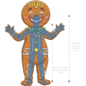 Mascotte Bonhomme pain d’épices, costume orange et bleu avec nœud papillon vert et pompons colorés, visage souriant, bras et jambes en mouvement, illustration des tailles de porteur (1,60 m à 1,90 m).