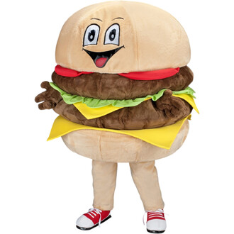 Mascotte hamburger en peluche anthropomorphe avec visage souriant sur le bun supérieur, deux steaks, fromage jaune, laitue, et bras et jambes avec chaussures rouges.