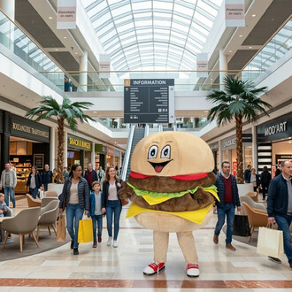 Mascotte hamburger géante dans un centre commercial, visage souriant sur le bun, avec laitue et fromage visibles, entourée de visiteurs faisant du shopping et de palmiers décoratifs.