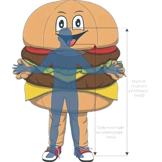 Mascotte hamburger géante avec visage souriant et bras ouverts, silhouette humaine bleue superposée indiquant les dimensions: hauteur interne jusqu’à 1,90 m et taille minimale recommandée 1,60 m.