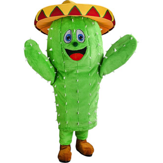 Costume de cactus souriant avec chapeau de sombrero, bras ouverts et yeux expressifs. Détails en relief pour imiter les épines et des chaussures marron.